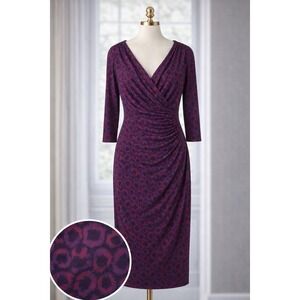 Lauren Ralph Lauren Faux Wrap Dress Ruched Midi Red Purple Pink Stretch Size 10